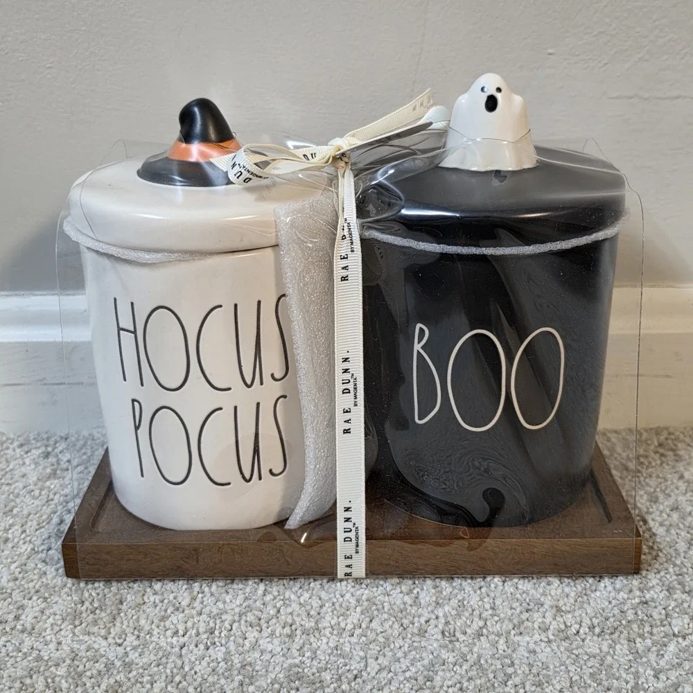 🎃 New Rae Dunn By Magenta Hocus Pocus and Boo Canister Set w/ Ghost & Witch Hat